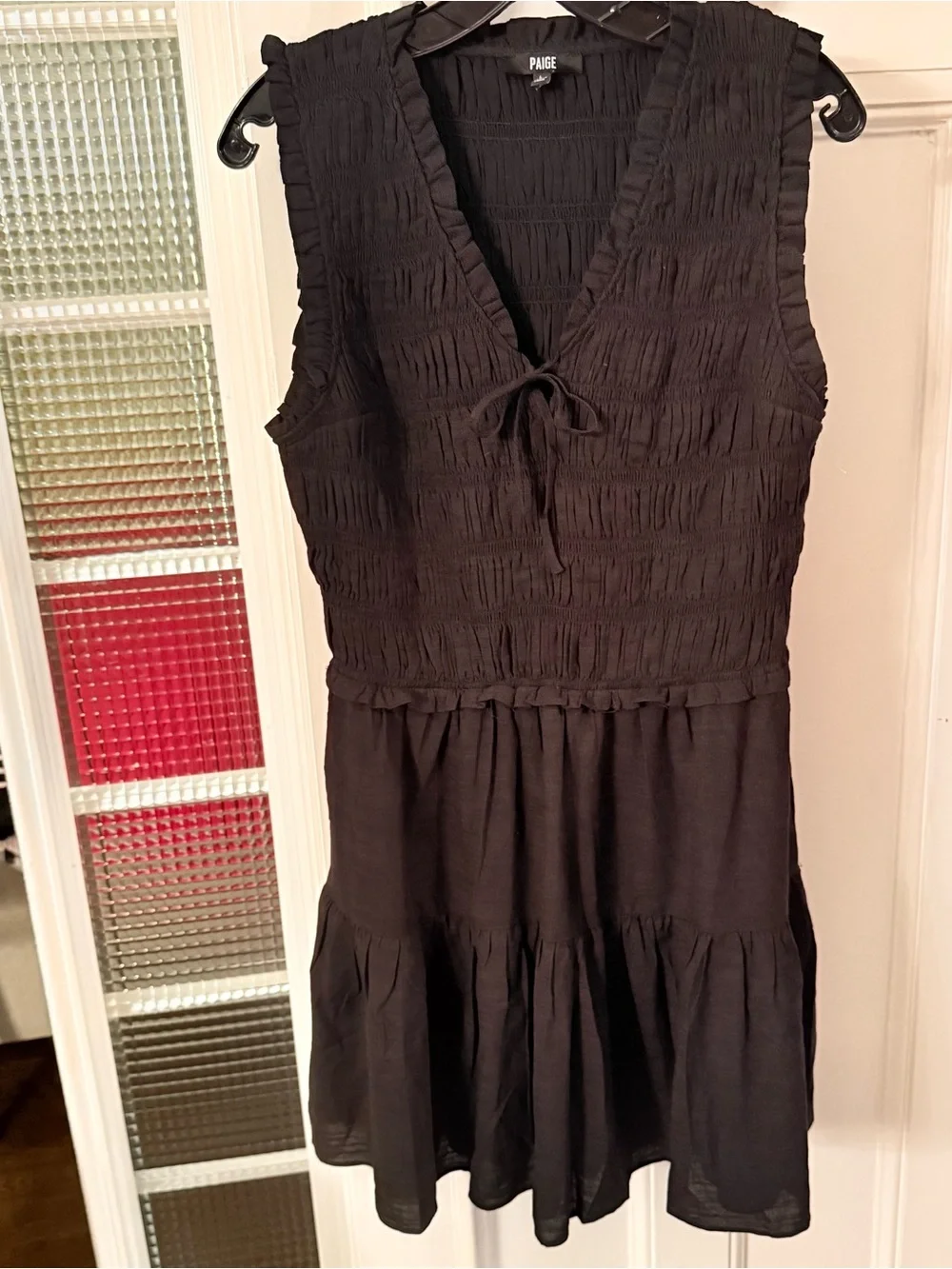 Paige Fraise Sleeveless Smocked Mini Dress Black Tie Front Lined Size L  NWOT